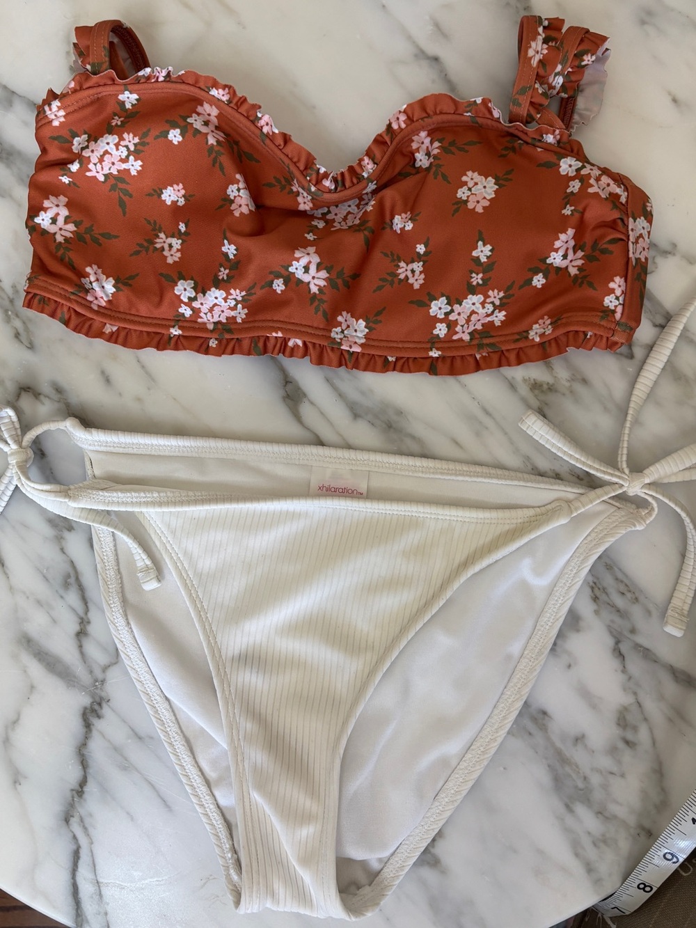 Bundle of Xhilaration White Ribbed Bikini Bottom and Salero Orange Floral Top